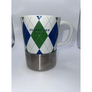 Starbucks 2006 Argyle Blue Green White Stainless Steel Bottom Coffee Mug Classic